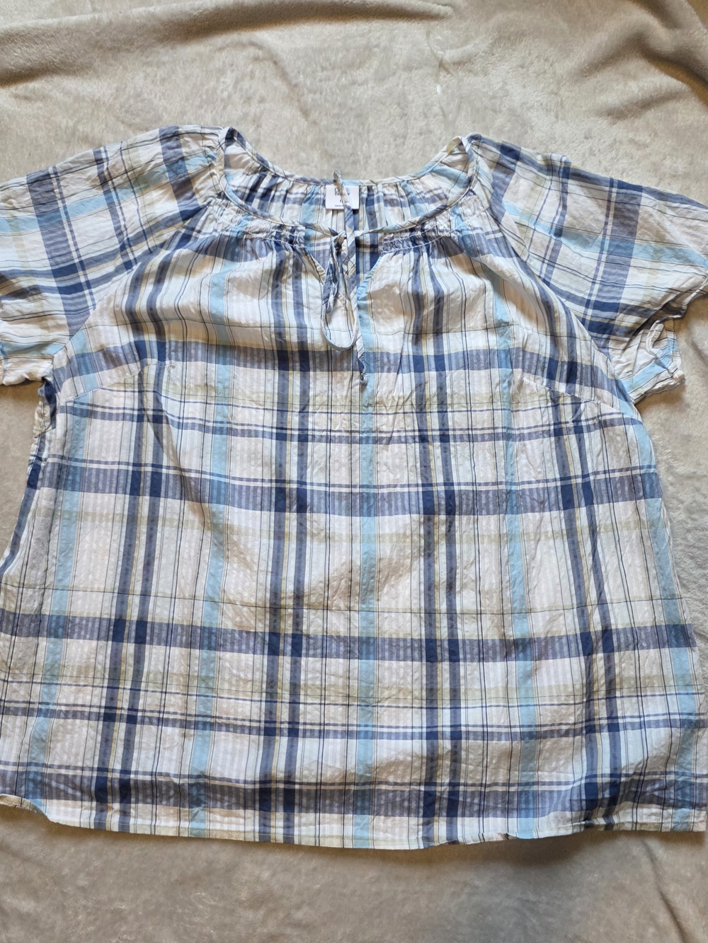 croft & barrow Blue and White Plaid Short Sleeve Peasant Blouse